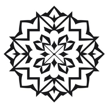 Siyah geometrik şekillerin simetrik tasarımı dairesel bir yıldız yaratır. Keskin, açısal bir görüntüsü vardır ve kar tanesi ya da kış desenine benzer..