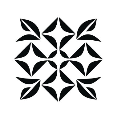 Bu desen, temiz beyaz bir arkaplanda çiçek ve elmas gibi görünen siyah elementleri kullanan simetrik bir tasarımı gösteriyor..
