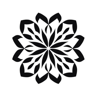 Siyah yapraklar ve keskin şekillerle sergilenen simetrik çiçek tasarımı. Nesne beyaz bir arkaplanda ortaya çıkıyor.