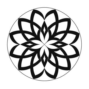 Siyah ve beyaz tasarım dairesel bir sınır içinde üst üste binen taç yapraklarıyla yuvarlak bir geometrik çiçeğe sahiptir. Basit ve modern çizimler..