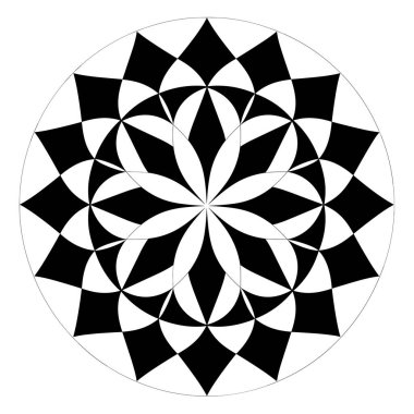 Siyah ve beyaz bir grafik radyal desende görünür. Tekrarlayan şekiller, çember şeklinde çevrelenmiş bir çiçek dizaynı oluşturur..