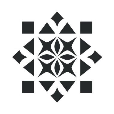 Siyah geometrik şekiller, üçgenler, kareler, elmaslar ve kavisli şekiller beyaz arkaplanda bir yıldız patlaması deseninde düzenlenir..