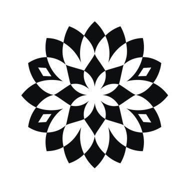 Simetrik, biçimlendirilmiş bir çiçek şekli alternatif siyah ve beyaz geometrik yapraklar tarafından oluşturulur. Tasarım basit ve temiz..