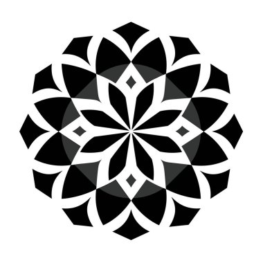 Soyut geometrik bir şekil, beyaz bir arkaplan karşısında yer alır. Tasarım siyah ve beyaz, stilize bir çiçek veya kar tanesine benziyor..