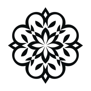 Beyaz arka planda siyah bir geometrik tasarım görünür. Şablon çiçek ve geometrik şekilleri içerir, tekrarlayan simetrik desen oluşturur.