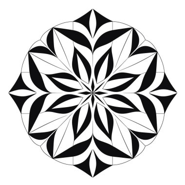 Radyal geometrik tasarım stilize edilmiş bir çiçek deseni yaratır. Siyah şekiller beyaz arkaplanla tezat oluşturuyor. Simetrik ve zarif..