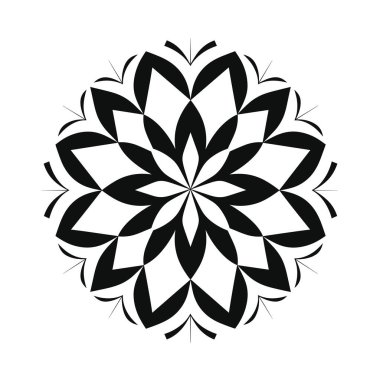 Dairesel, simetrik bir çiçek deseni siyah ve beyaz olarak tasvir edilir..