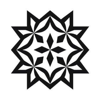 Beyaz arkaplanda siyah bir geometrik tasarım merkezinde simetrik bir çiçek deseni olan sekiz köşeli bir yıldız şekli gösterir..