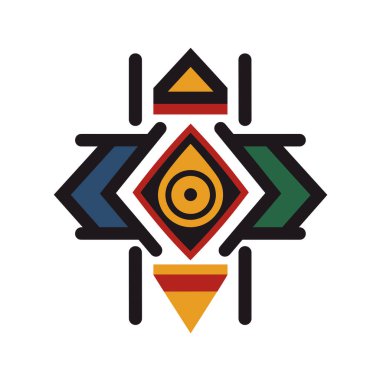 Geometrik illüstrasyon, parlak renk kombinasyonları kullanarak üçgenler, elmaslar ve sembollerden oluşan bir desen gösteriyor..