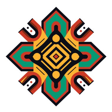 Merkezli simetrik tasarım siyah, sarı, yeşil ve kırmızı renkli geometrik şekiller içererek görsel olarak dengeli ve dekoratif desenler oluşturur..