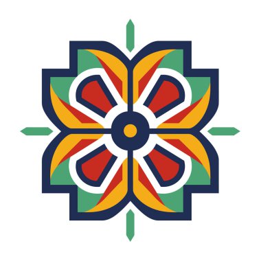 Geometrik ve simetrik bir çiçek tasarımı sergilenir. Beyaz arkaplanda kırmızı, yeşil, sarı ve mavi renkler bulunur..