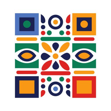 Geometrik şekiller simetrik bir model oluşturur. Çemberler, kareler, çizgiler ve çiçek şekilleri mavi, kırmızı, sarı ve yeşil renkler kullanılarak düzenlenir..