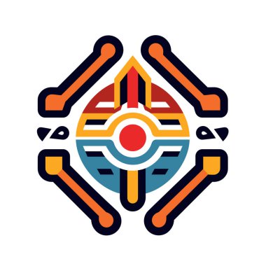 Dört stilize kemikle çevrili dekore edilmiş dairesel bir kalkan gösteriliyor. Kalkanın kırmızı, sarı ve mavi kısımları var..