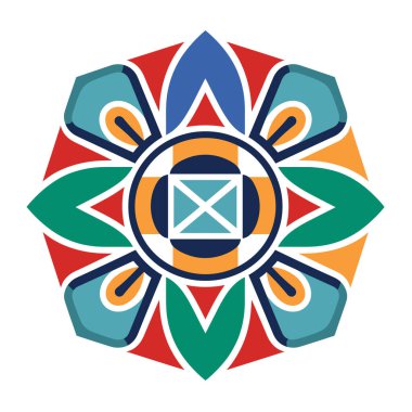 Değişik parlak renklerde simetrik çiçek ve geometrik desenlerle çevrili dairesel bir şekil içeren canlı ve süslü bir tasarım..