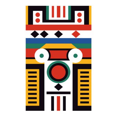 Kalın renklerde çeşitli şekillere sahip geometrik soyut bir tasarım. Dizayn simetri, daireler, dikdörtgenler ve çizgiler kullanır..