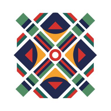 Bir illüstrasyon, üçgenler, kareler ve beyaz zemin üzerinde kırmızı, yeşil, sarı ve deniz renkleriyle bir çember içeren geometrik bir tasarım sunar..