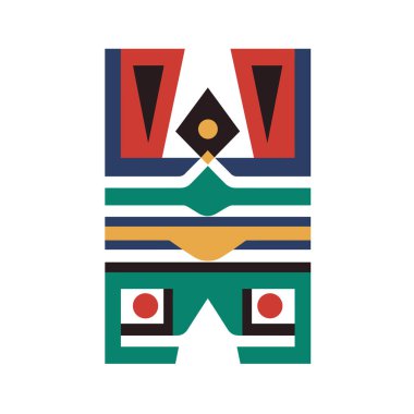 Renkli, soyut bir figür bir toteme ya da maskeye benzer. Kırmızı, mavi, yeşil, sarı, siyah ve beyaz renkli geometrik şekiller kümelenmiştir..