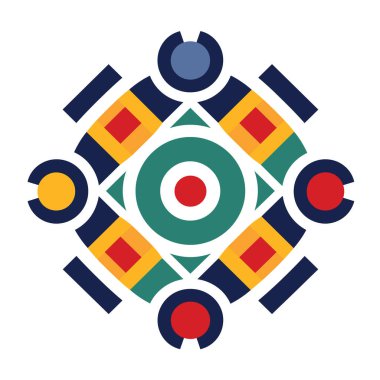 Bir geometrik desen daireler, kareler ve üçgenler kullanılarak gösterilir. Kullanılan renkler mavi, kırmızı, yeşil ve sarıdır..