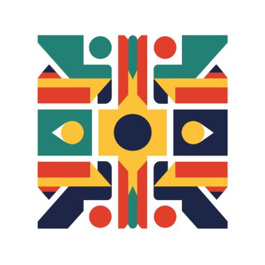 Renkli geometrik şekiller birleşerek kare desen oluşturur. Tasarım beyaz arkaplanda kalın renklerle simetriktir.