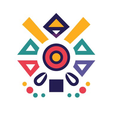 Bir simetrik tasarım merkezi dairesel bir element etrafında düzenlenmiş üçgenler, kareler, daireler ve dikdörtgenler gibi çeşitli renkli şekiller kullanır..