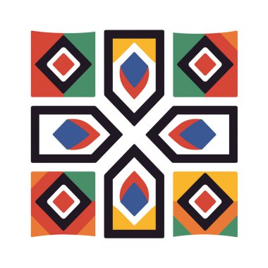 Kırmızı, sarı, mavi, yeşil ve turuncu renkli soyut geometrik desen. Beyaz arkaplanda elmaslar, kareler ve şekillendirilmiş şekiller var..