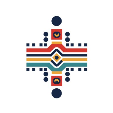 Göz alıcı bir tasarım beyaz üzerinde simetrik, soyut ve dikey bir şekilde düzenlenmiş renkli yatay çizgiler, kareler ve daireler gösterir..