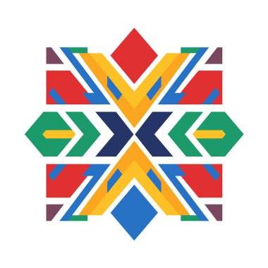 Renkli bir geometrik tasarım sunuluyor. Bu desen, farklı renkte üçgenler, kareler ve oklardan oluşan yıldıza benzer bir şekle sahiptir..