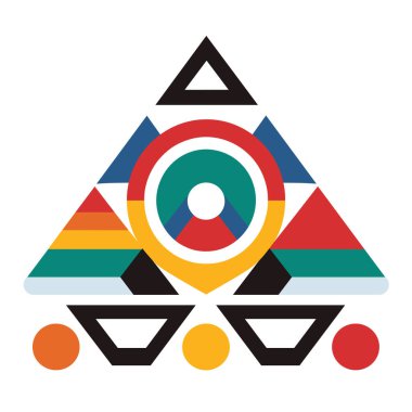 Geometrik desen, beyaz arkaplanda çeşitli parlak renklerde üçgenler, daireler ve diğer şekillerden oluşur..