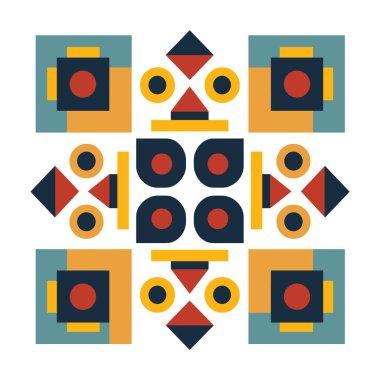 Kareler, daireler ve üçgenler gibi geometrik şekiller simetrik bir tasarım oluşturur.