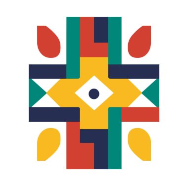 Kırmızı, sarı, yeşil ve mavi geometrik bloklar kullanılarak biçimlendirilmiş bir haç şekli oluşturulur. Beyaz bir göz merkezi olarak sarı bir elmasın üzerinde yer alır..