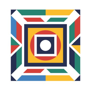 Simetrik tasarım renkli kareler, daireler ve üçgenler içerir. Renkler kırmızı, mavi, sarı, yeşil ve beyazdır..