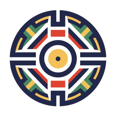 Sarı bir noktanın etrafında birden fazla renkli katman olan dairesel Aztek tasarımı