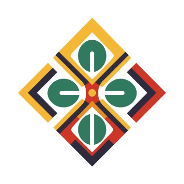 Renkli geometrik şekiller beyaz üzerinde dekoratif bir desen oluşturur