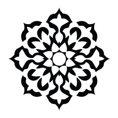 Sivri yapraklı ve dairesel merkezli siyah çiçek tasarımı.