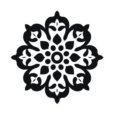 Sekiz taç yaprağı ve dairesel desenli siyah çiçek tasarımı