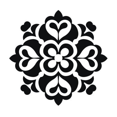 Çiçek ve kalp elementleriyle siyah ve beyaz simetrik tasarım