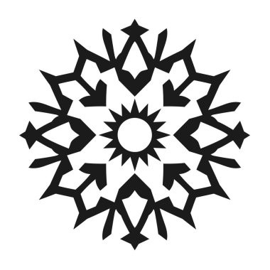 Siyah ve beyaz çizimler süslü bir Geometrik Kar Tanesi tasarımı gösterir