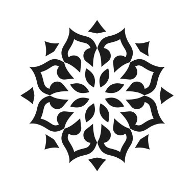 Black and white geometric mandala design with floral and triangle elements