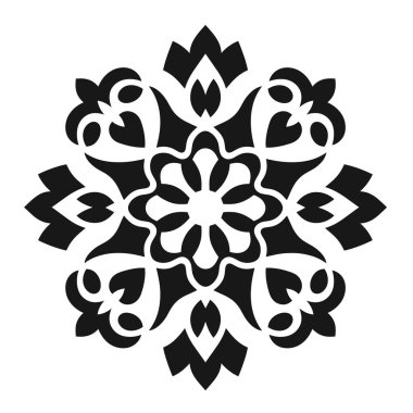 Siyah-beyaz geometrik çiçek şekli simetrik bir tasarım yaratır.