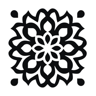 Black and white floral pattern with teardrop shapes and geometric design