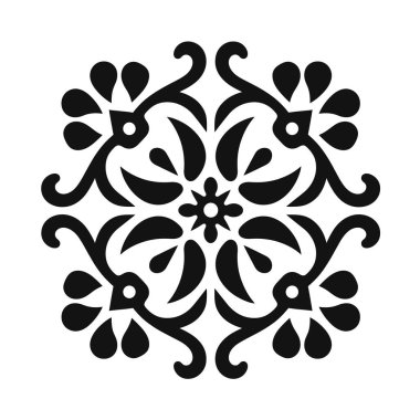 Beyaz arka planda siyah çiçekli dairesel tasarım.