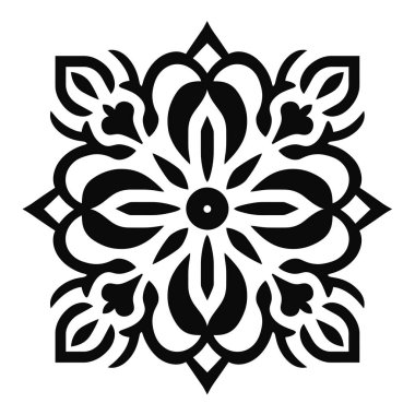 Çiçek ve geometrik elementlerle siyah ve beyaz simetrik tasarım