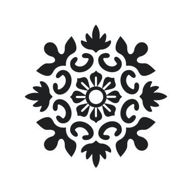 Süslü çiçek deseni siyah beyaz, merkezde.