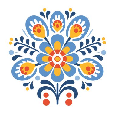 Çiçek ve yaprakların canlı simetrik halk sanatı tasarımı