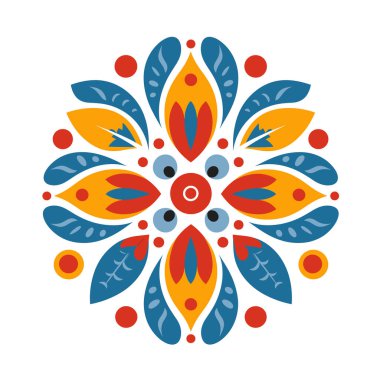 Beyaz arkaplanda mavi, sarı ve kırmızı renkli simetrik desen