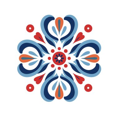 Beyaz üzerine mavi, turuncu ve kırmızı renkte madalyon desenleri.