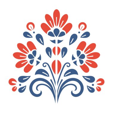 Kırmızı çiçekli ve mavi yapraklı cesur halk sanatı tasarımı