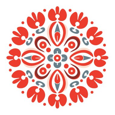 Kırmızı ve gri çiçek motifli yuvarlak dekoratif halk deseni