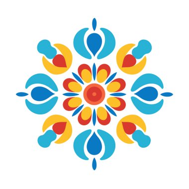 Simetrik bir çiçek deseni, düz beyaz arkaplana karşı mavi, sarı ve kırmızı geometrik şekiller içeriyor. Genel şekli dairesel..