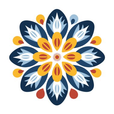 Mavi, sarı, beyaz ve kırmızı yapraklı, Güneş benzeri merkezi bir figür etrafında dizilmiş, soyut, simetrik bir tasarım..